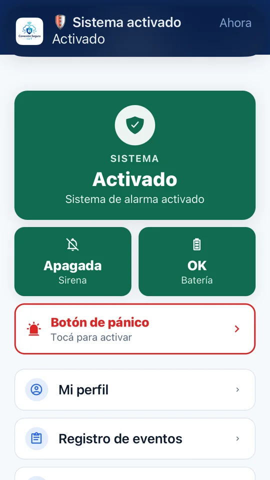 Conexión Segura: sistema de alarma activado, con la sirena apagada y la batería en buen estado
