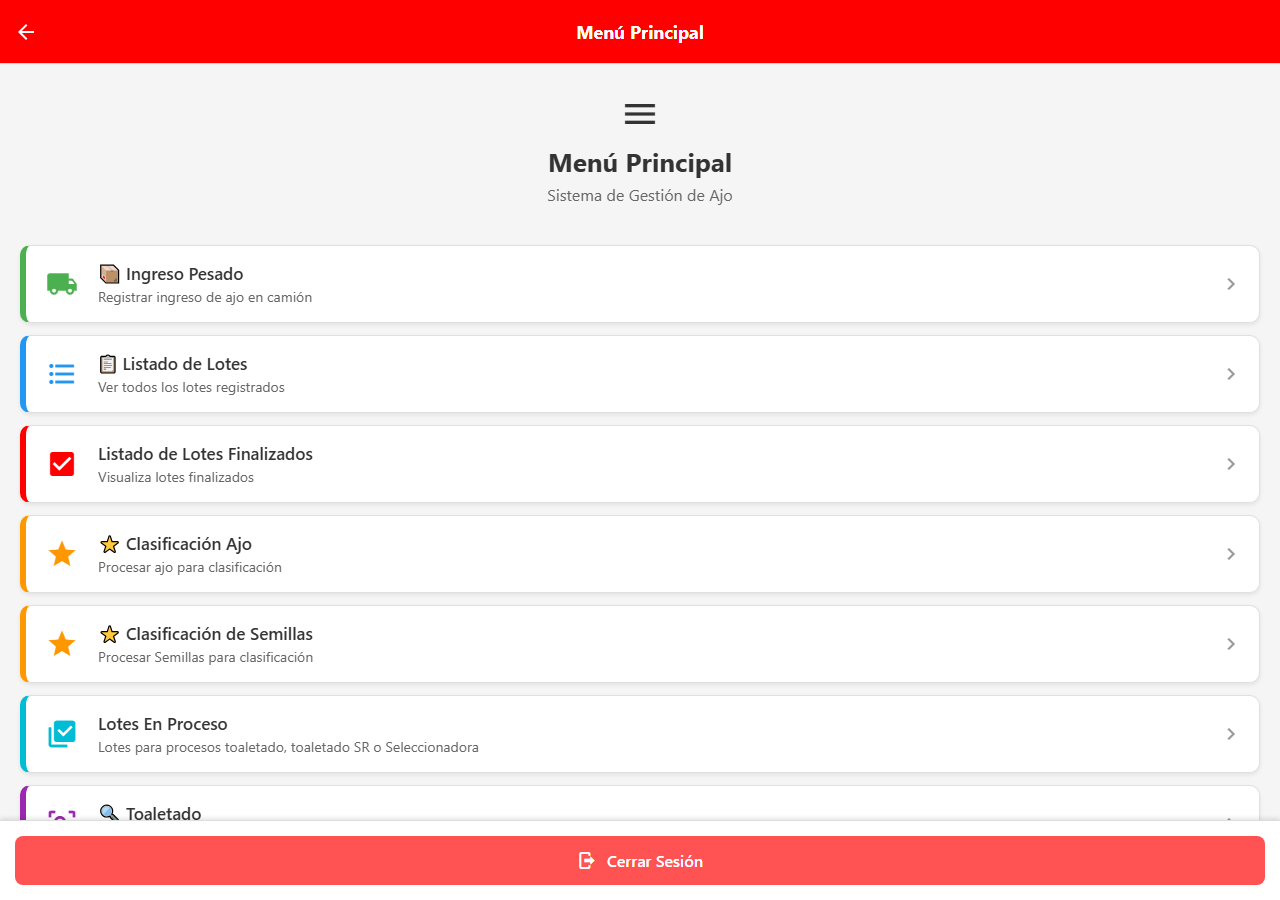 JISA: menú principal del sistema de gestión de ajo