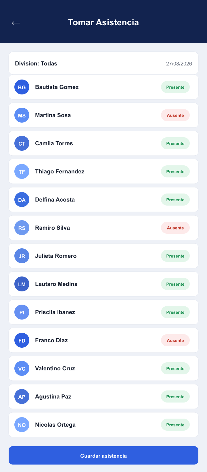 MiClub: toma de asistencia por división