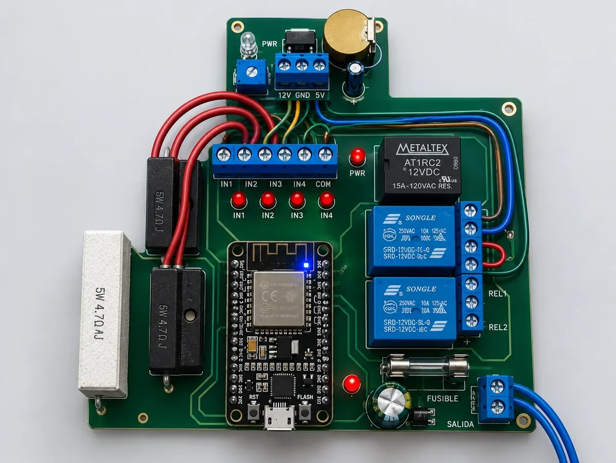 Placa de control de Conexión Segura, con módulo Wi-Fi, relés, bornes de entrada y fusible